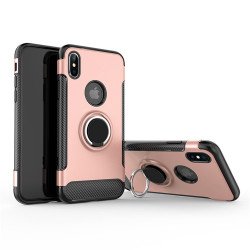 iPhone Xs Max 360 Rotating Ring Stand Hybrid Case with Metal Plate (Rose Gold)